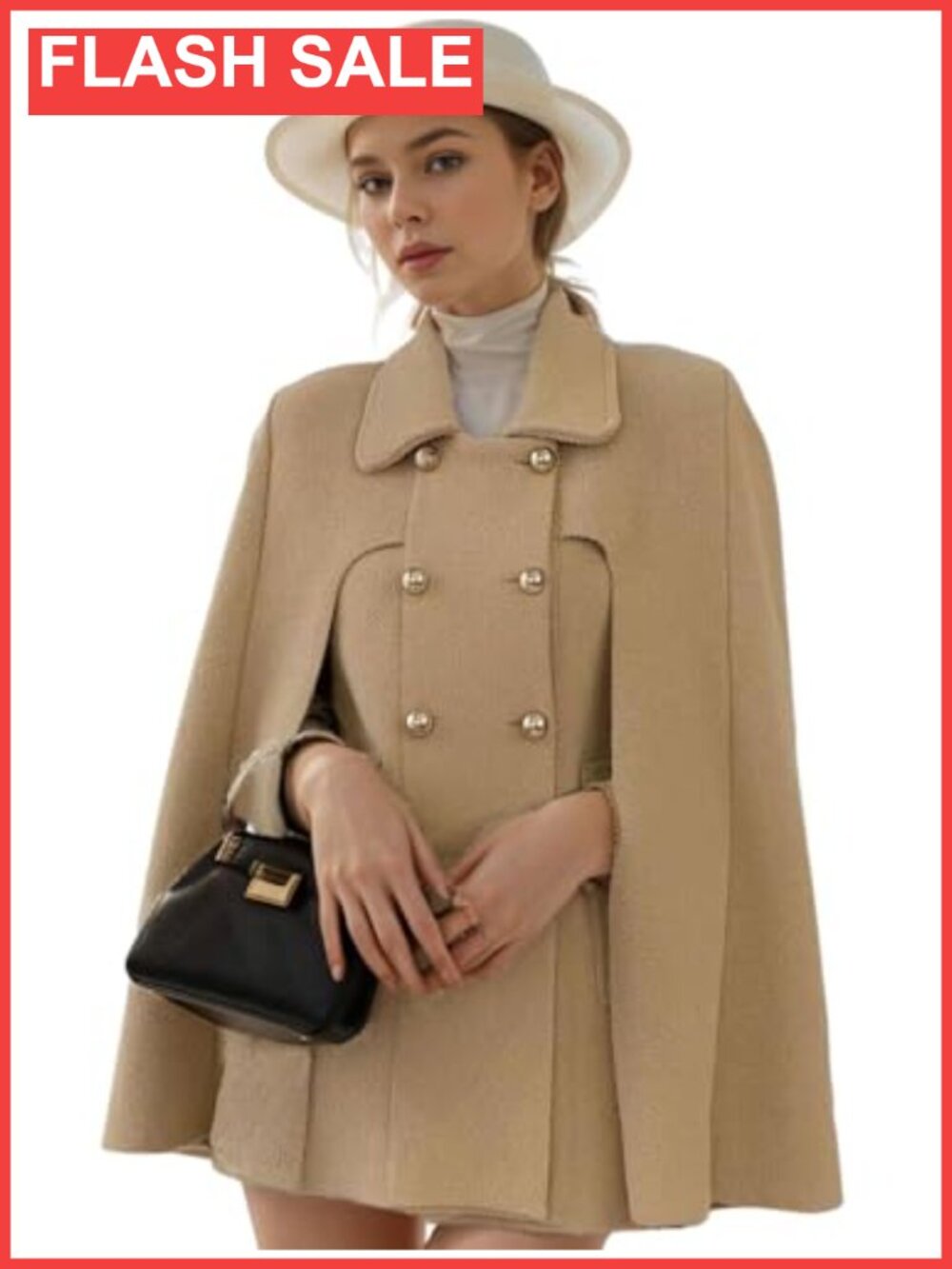 Wool Blend Poncho Cape Coat Double Breasted Gold Button Flowy Winter